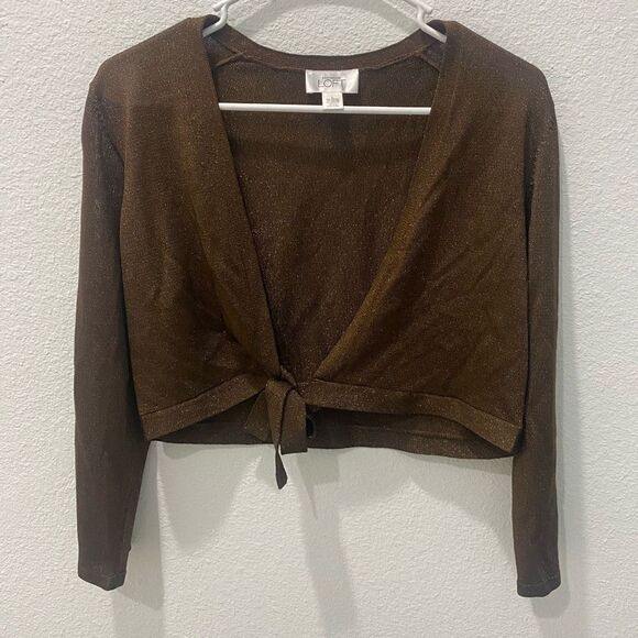 Loft Brown Shimmery Cropped Cardigan Size Large - Picture 2 of 6